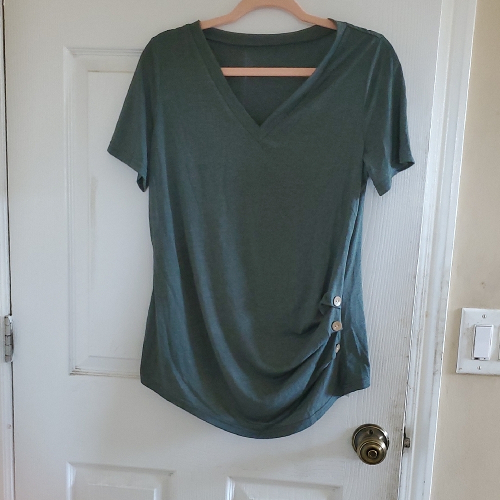 V-Neck Short Sleeve Top with Side Button Detail - Olive Green